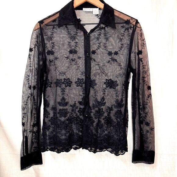 CHARLOTTE RUSSE Mesh Top Womens L Button Down Floral Embroidered Sheer Fairygoth - Picture 1 of 10